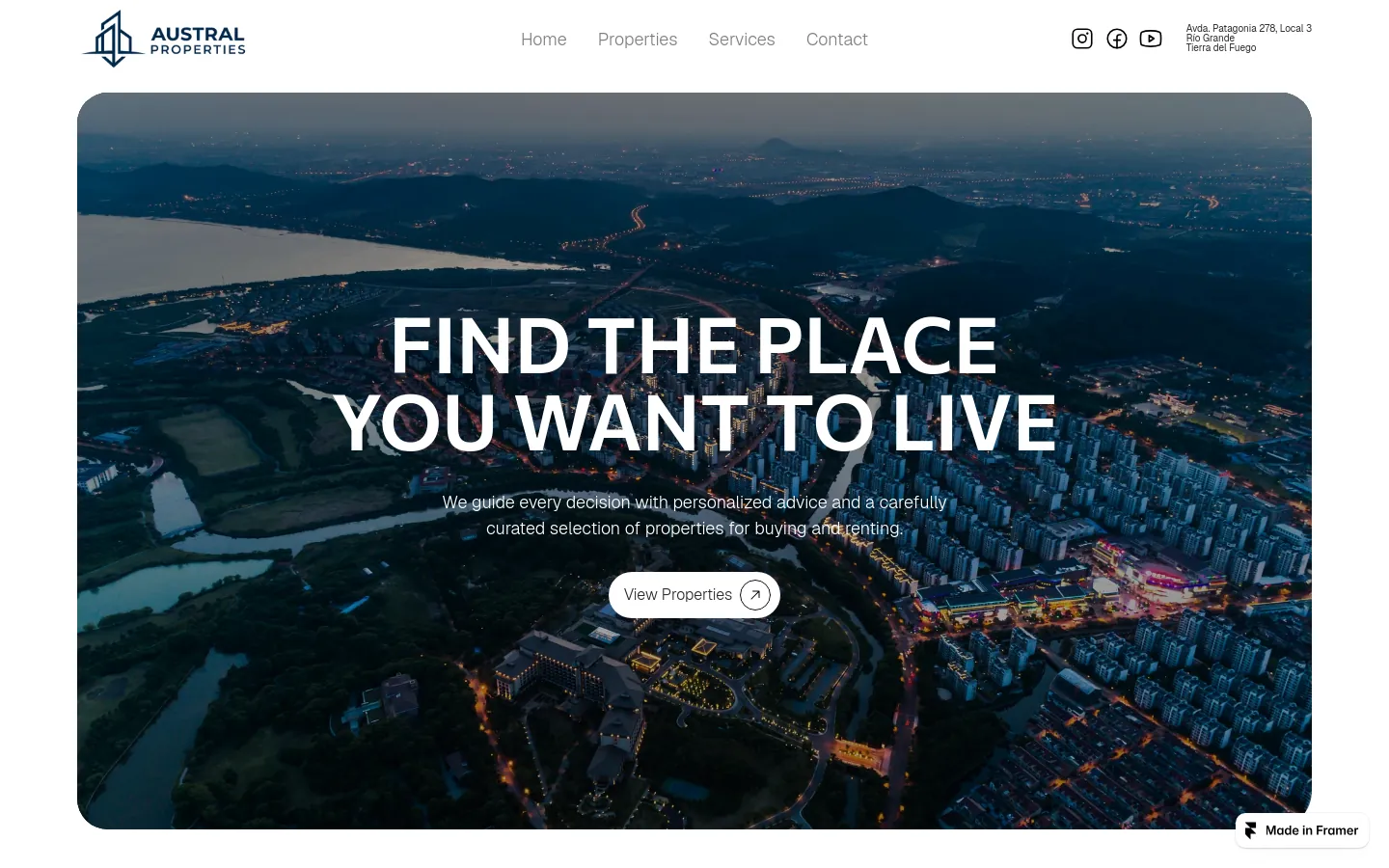 Austral Properties hero with an aerial city view and the line 'Find the place you want to live'