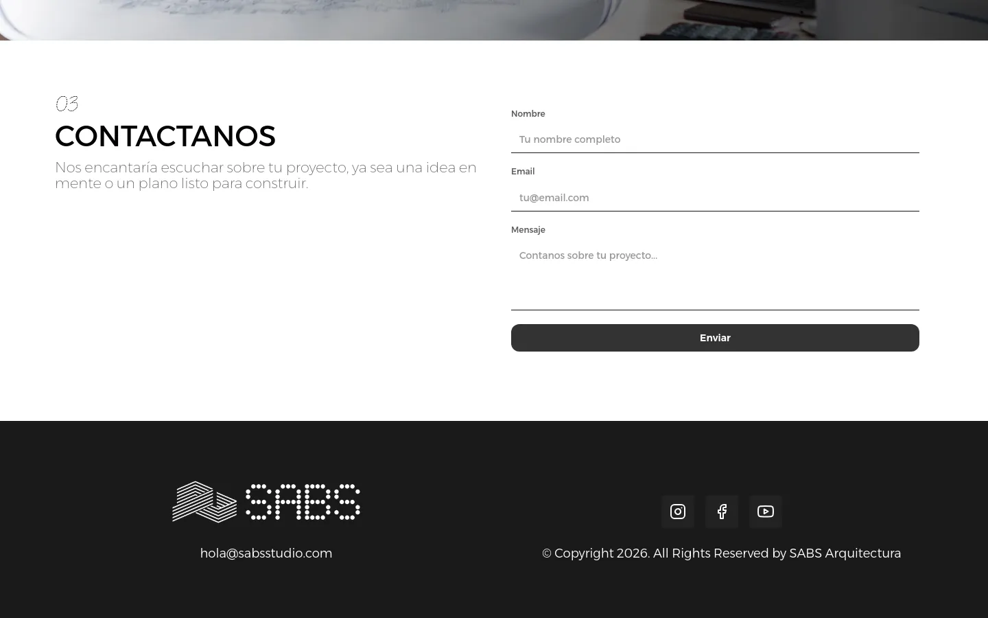 SABS Studio contact form and footer with the dotted logo